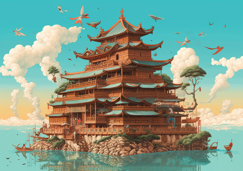 国潮风水面上的古建筑祥云背景插画承德避暑山庄,插画/手绘图,插画/手绘图库,插画/手绘图下载,插画/手绘